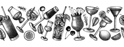 Seamless cocktail glasses ribbon design. Hand-sketched alcoholic drinks in elegant glassware. Popular alcohol cocktails drawings in sketched style. Banner design for pub, bar, or restaurant menu